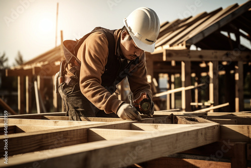 roofer ,carpenter working on roof structure at construction site