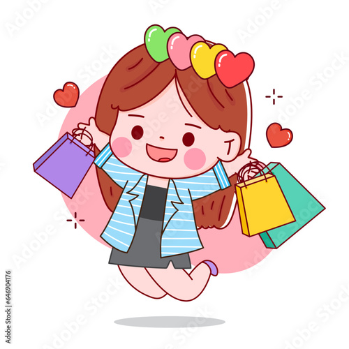 Happy shopping girl with the packages. Vector illustration in cute cartoon style