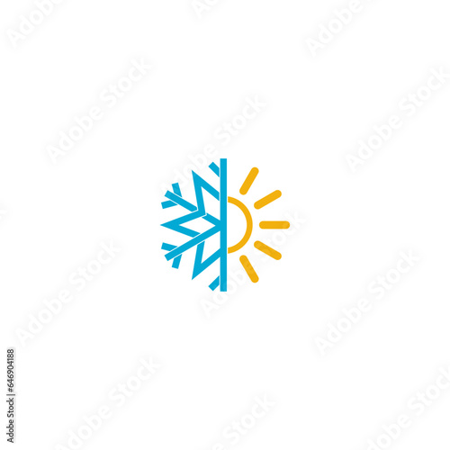 Sun snowflake sign, weather logo isolated on white background