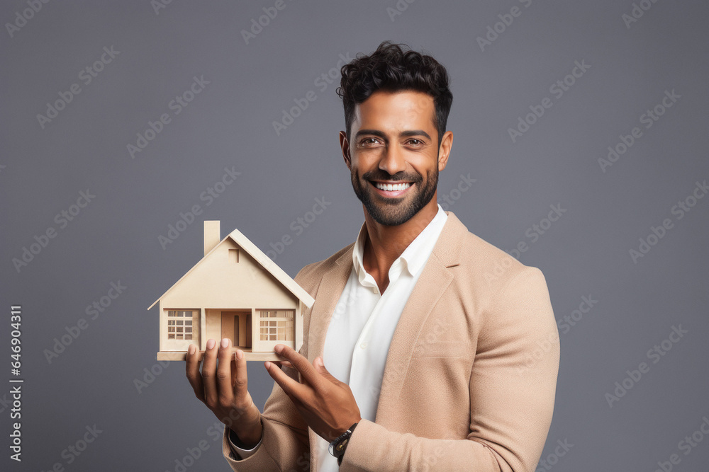 Man smiling and showing house. real estate concept.