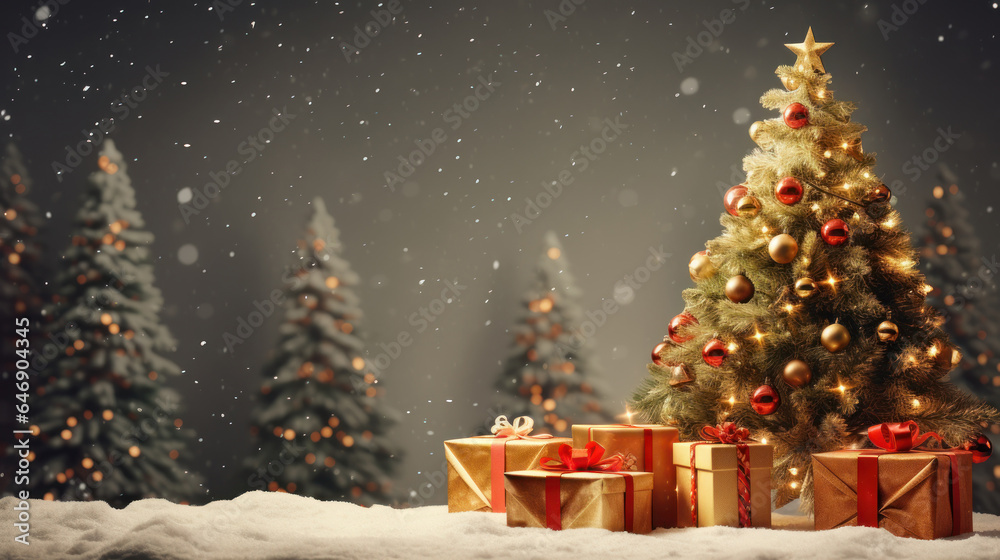 Obraz premium Happy new year and merry christmas festival concept.decorated christmas tree, chrismas ball, star, gift box on floor with snow background.Generative AI