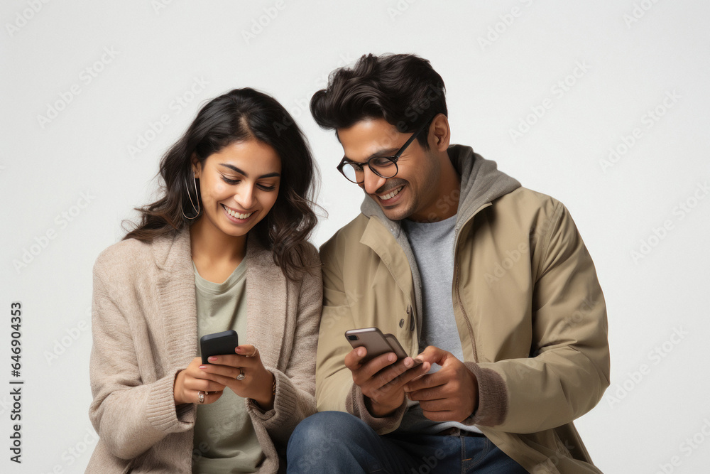 Indian couple using smartphone and laughing together Indian couple using smartphone and laughing together