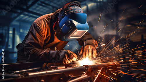 Industrial Workers wearing uniforms and Welded Iron Mask at Steel welding plants, perform arc welding in factories using special tools. Generative AI
