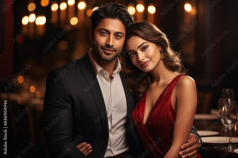 young and lovely couple together in restaurant.