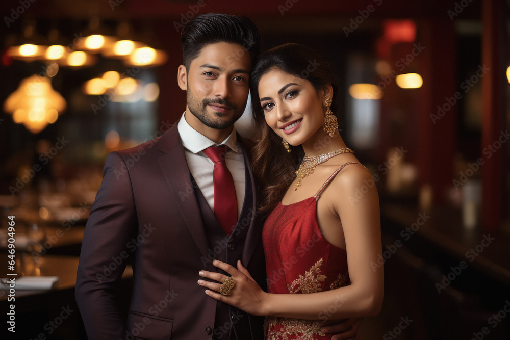 young and lovely couple together in restaurant.