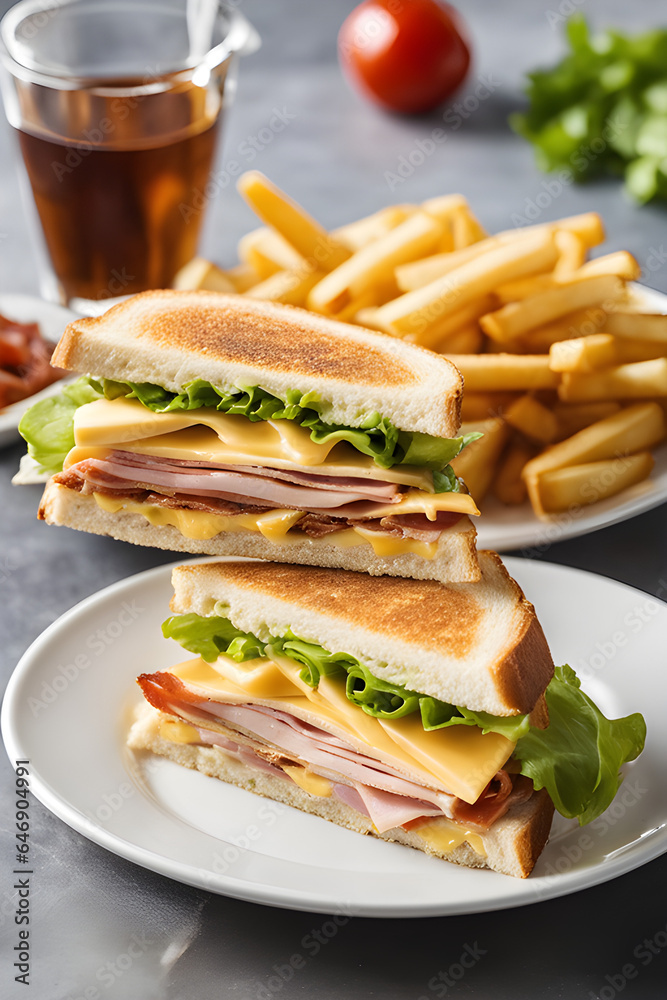 Close-up of a Cheesy Club Sandwich with French Fries Close-up of a Cheesy Club Sandwich with French Fries