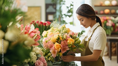 female florist small business owner taking care of various flowers and bouquets in hes shop using laptop checking order happiness cheerful and positive smiling .