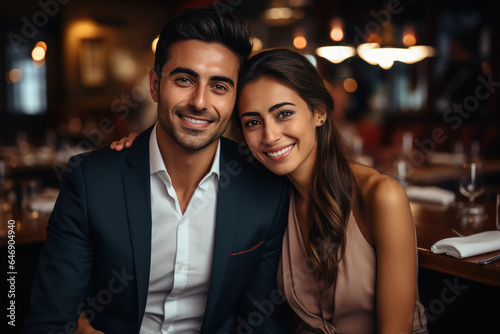 young and lovely couple together in restaurant.