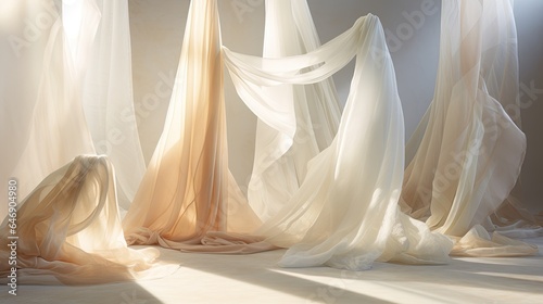 Assorted sheer fabrics draped over objects  emphasizing their delicate nature