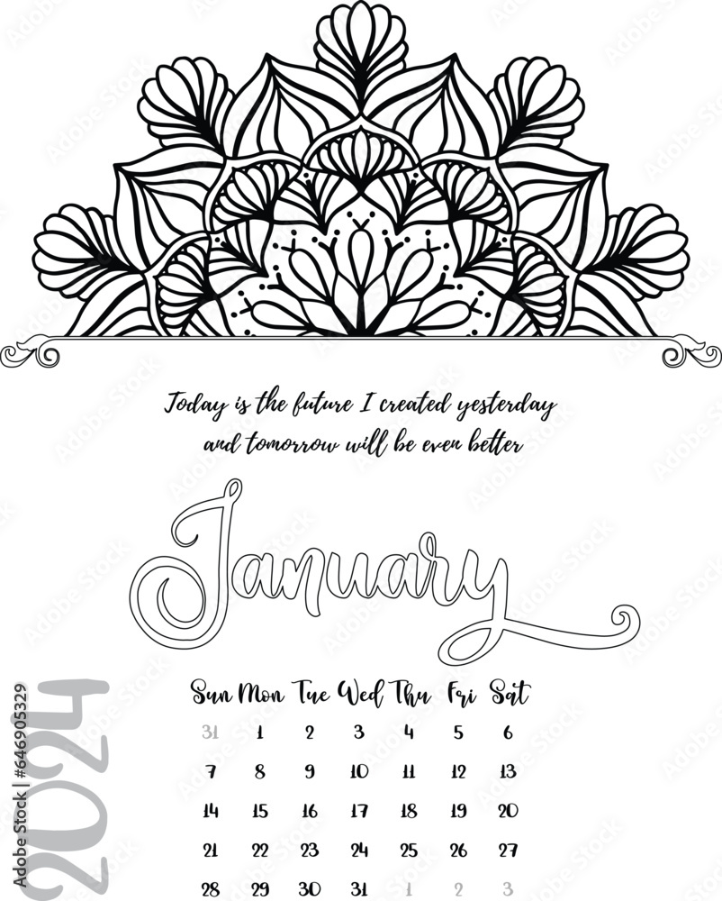 Mandala Calendar Coloring Page for January Year 2024 with self ...