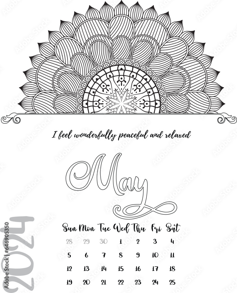 Mandala Calendar Coloring Page for May Year 2024 with self-affirmation ...