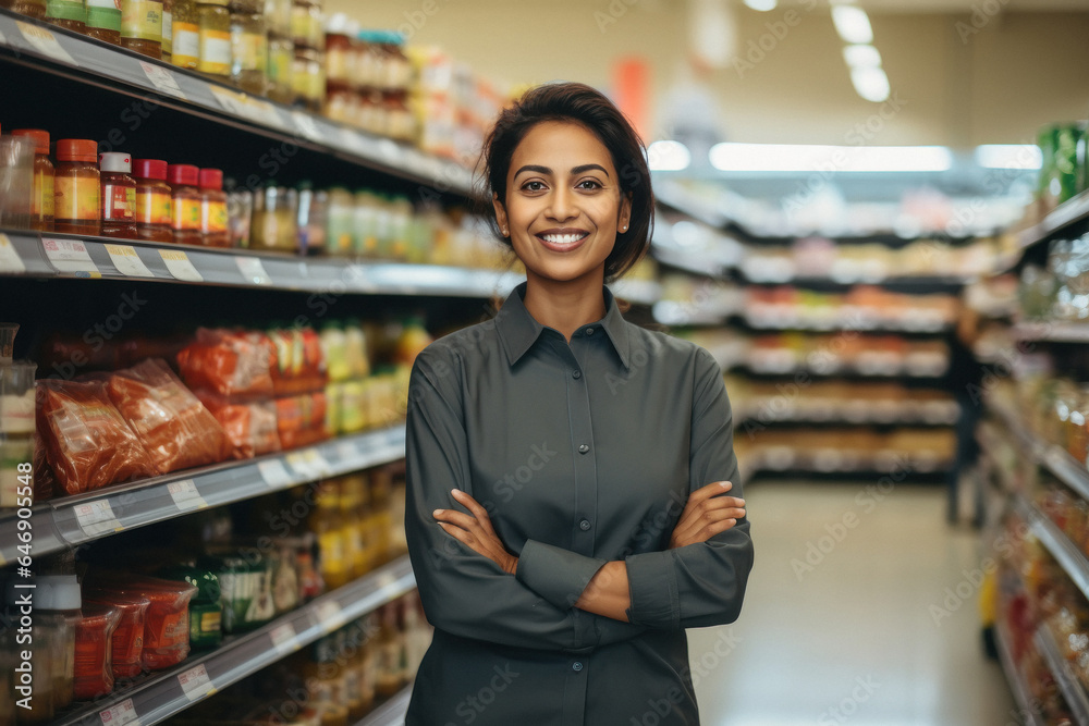 Confident young woman grocery store owner standing and smiling. Confident young woman grocery store owner standing and smiling.