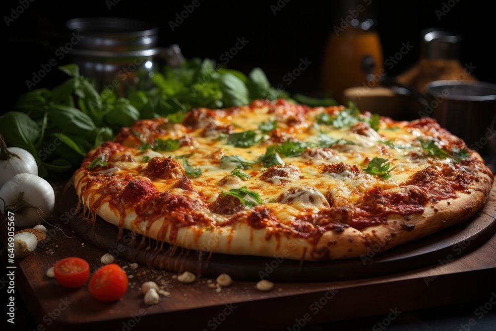 Homemade pizza with thick layer of cheese and tomatoes with herbs. Hot pizza from the oven on a wooden board with vegetables and spices 