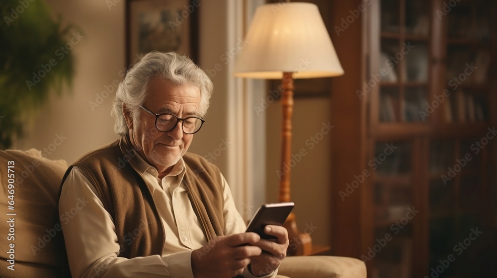 Old man sitting at home checking his mobile phone Old man sitting at home checking his mobile phone