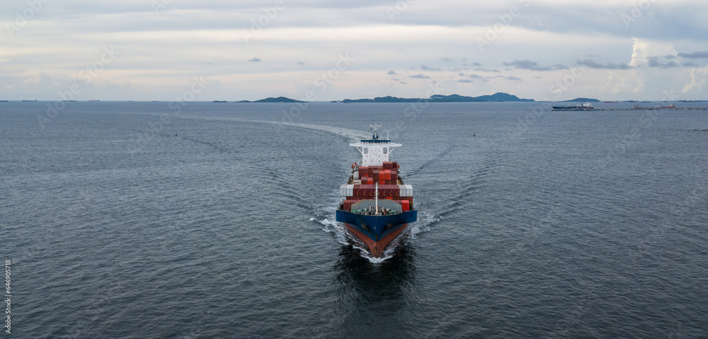 Aerial view of container cargo ship with container in the ocean, Business logistics import export of container cargo ship in seaport, Freight transportation.