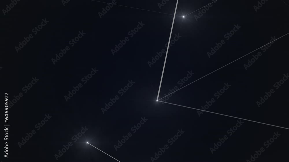 3D futuristic space animation of connected pulsing stars and dynamic moving camera through them, 4K animated template
