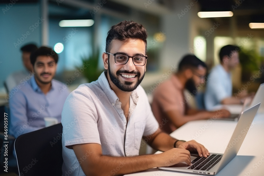 Young man or corporate employee using laptop at office Young man or corporate employee using laptop at office