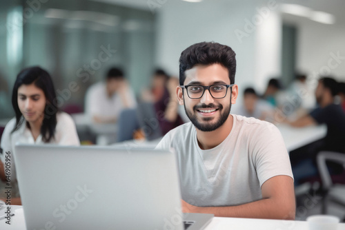Young man or corporate employee using laptop at office