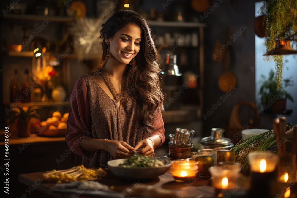 Young woman or housewife working in kitchen