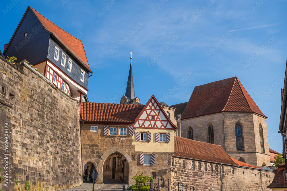 View of the old half-timbered houses at the Bamberg Gate in Kronach/Germany in Upper Franconia