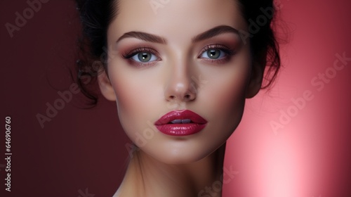 Her lips are dark lipstick, and she is a stunning brunette. Stunning young lady with long brown hair. generative ai