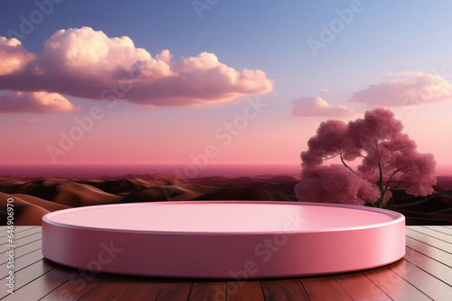 Pink pedestal or sofa over pink cloud background.