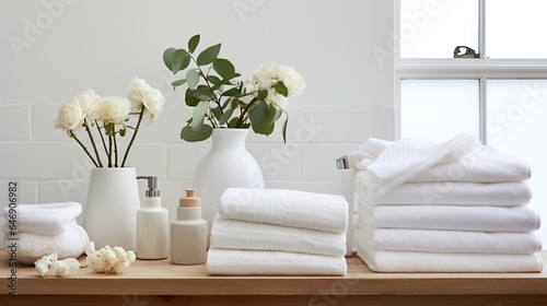 A collection of white bath textiles displayed on a white surface, including cotton terry towels in various arrangements.