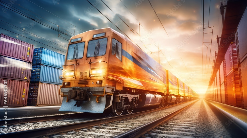 Dynamic Train Travel on Railway Tracks with Motion Blur, Featuring Locomotive, Station, and Steel Rails