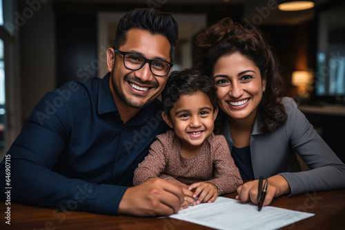 Young couple with his child while signing on document