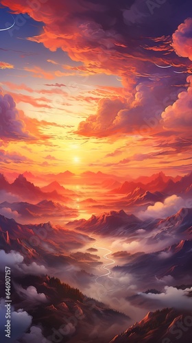 Sunset in the sky. AI generated art illustration.