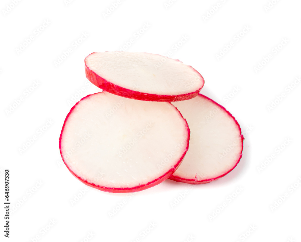 Sliced Radish Roots Isolated, Red Root Round Cuts, Red Radishes Slice Pile, Radis Cross Sections on White Sliced Radish Roots Isolated, Red Root Round Cuts, Red Radishes Slice Pile, Radis Cross Sections on White