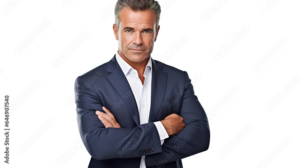 Senior businessman stands with his arms crossed on a white background. Senior businessman stands with his arms crossed on a white background.