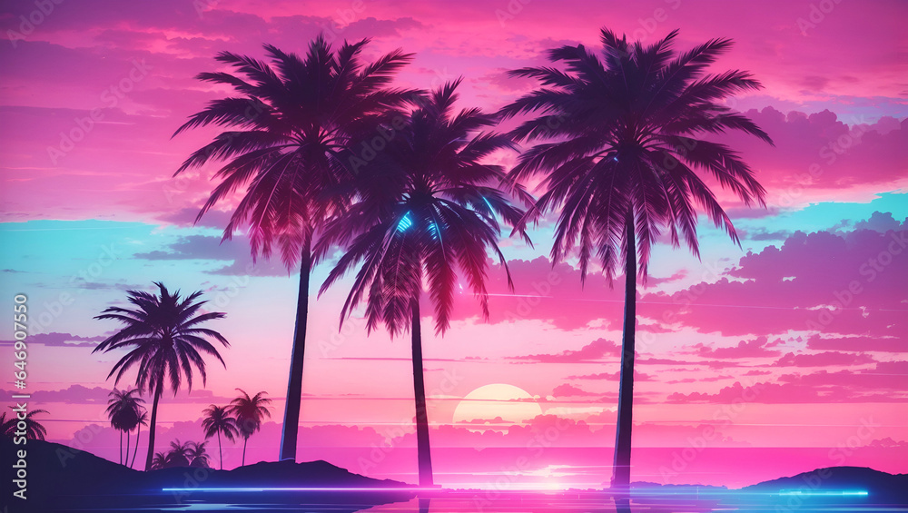 Retro-Futuristic Serenity: Neon-Lit Palm Tree at Sunset