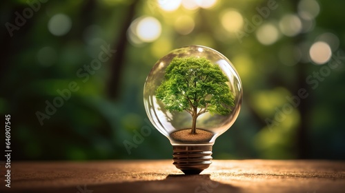 Energy from renewable sources. Environmental protection, renewable, and long-term energy sources A green global map on a green background with a light bulb