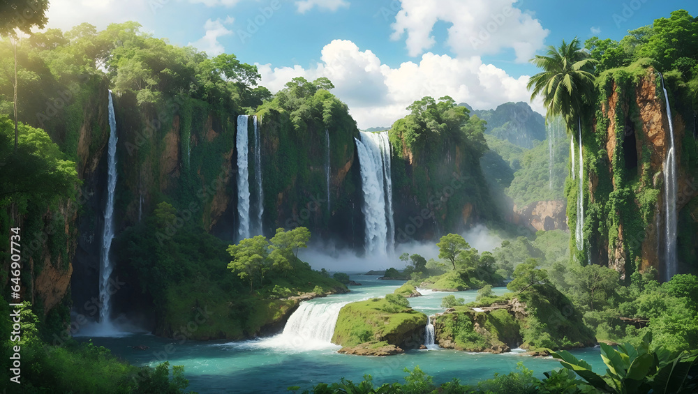 Fototapeta premium Tropical Paradise: Breathtaking Lush Waterfall Oasis