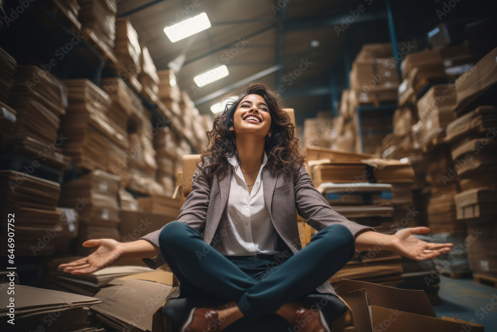 Young indian woman sitting at warehouse Young indian woman sitting at warehouse