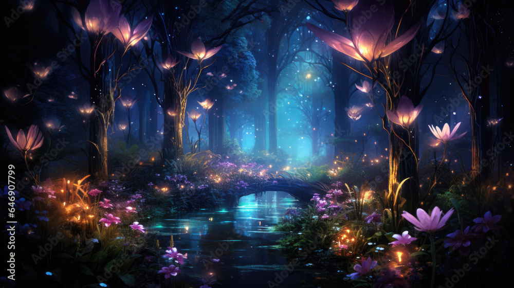 a fantastic fairy tale forest with glowing plants and mushrooms