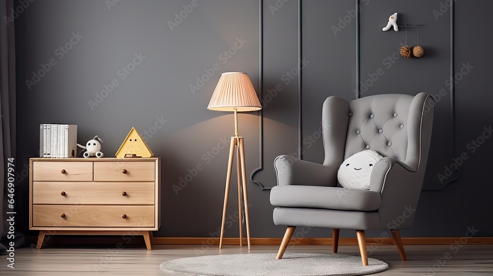 Baby crib, cupboard, armchair, lamp, stool in childs room with wooden floor and grey walls. - obrazy, fototapety, plakaty 