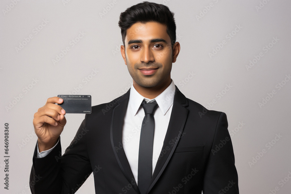Young indian businessman showing card Young indian businessman showing card