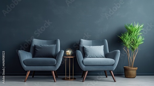 modern living room with blue armchair and plant, dark gray wall background