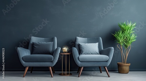 modern living room with blue armchair and plant, dark gray wall background © Lasvu