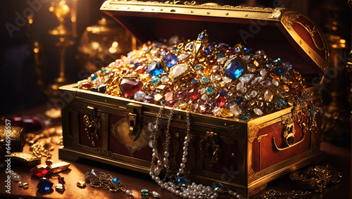 Gilded Treasure - Antique Chest Overflowing with Precious Gems and Jewels photo