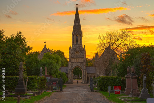 Sunset at Hampstead cemetery in London, England