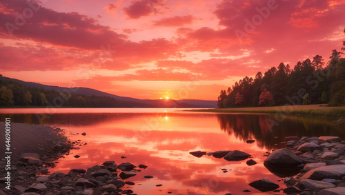 Tranquil Twilight - Vivid Orange-Pink Sky Over Tranquil Lake © Pixelzone