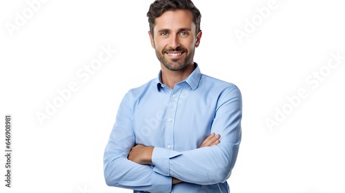 Smiling Businessman in Casual Shirt, Standing Confidently with Crossed Arms in Studio Portrait