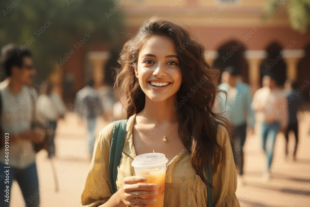 Young indian girl holding juice glass in hand and smiling Young indian girl holding juice glass in hand and smiling