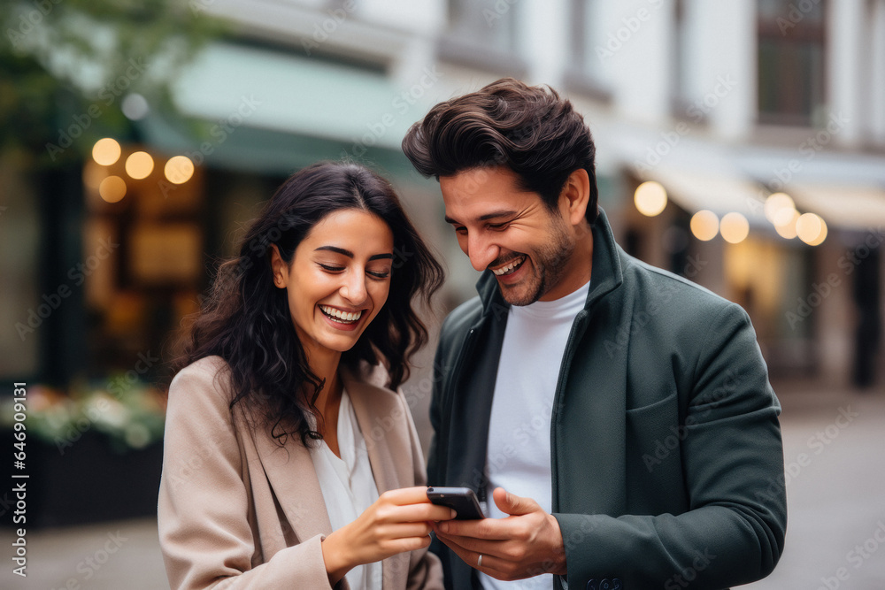 Indian couple using smartphone and laughing together Indian couple using smartphone and laughing together