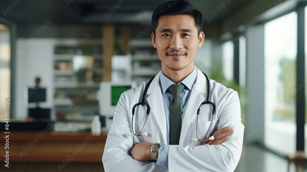 Portrait of smiling asian doctor looking at camera with crossed arms in hospital. generative ai Portrait of smiling asian doctor looking at camera with crossed arms in hospital. generative ai