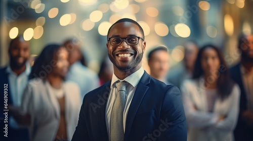 Smiling businessman stands confidently in a nightclub, surrounded by people, talking and enjoying the vibrant city
