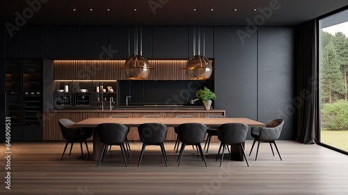 large kitchen room with modern interior design with wood table and chairs for home against the background a dark classic wall, Generative AI